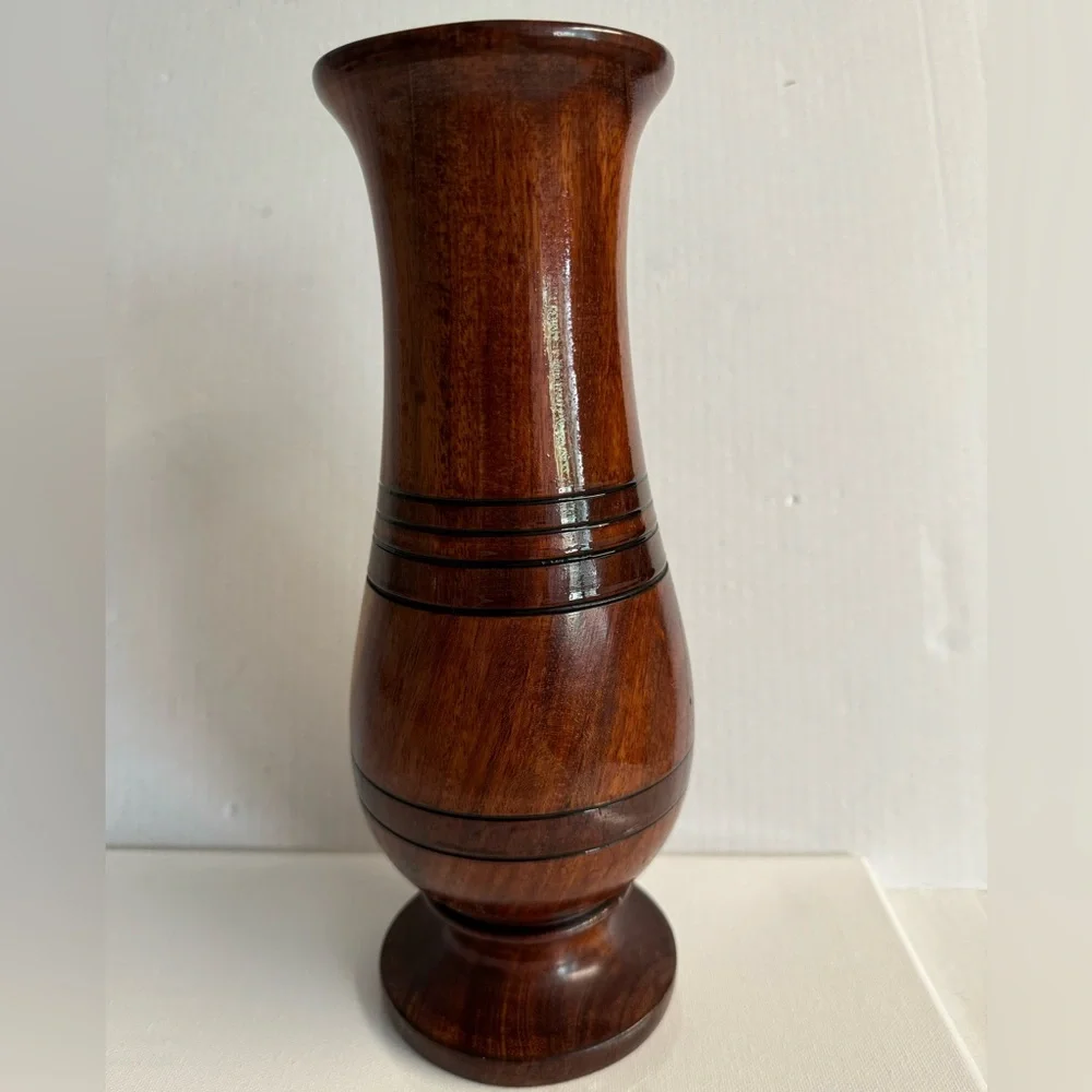 Vtg Hand turned brown Boho light and dark unique wood vase.